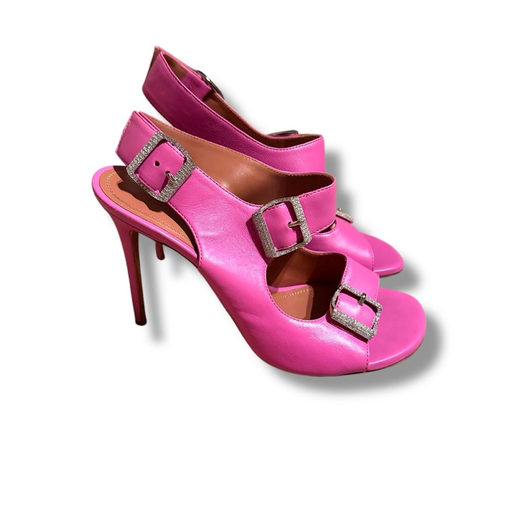 Amina Muaddi Marni Hot Pink Rhinestone Buckle Heel Sandals Sz EU 38.5 / US 8.5